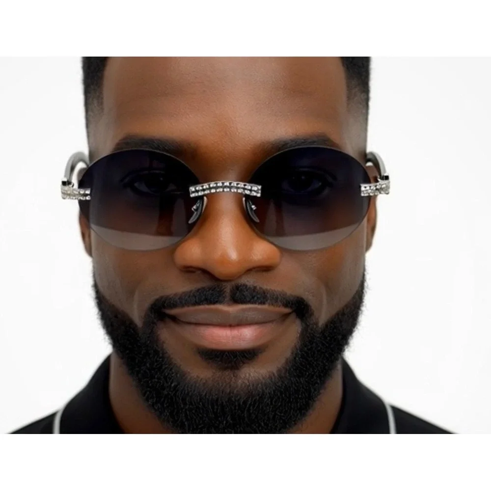 Mens Rimless Round Sunglasses Grey Gradient Lens Silver‎ Crystal Bling Black New